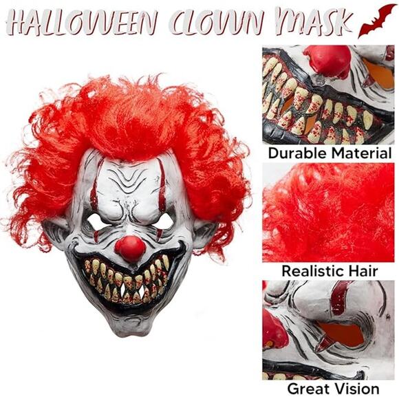 Scary Clown Mask Adult Latex Creepy Zombie Horror Monster Halloween Costume - Picture 3 of 7